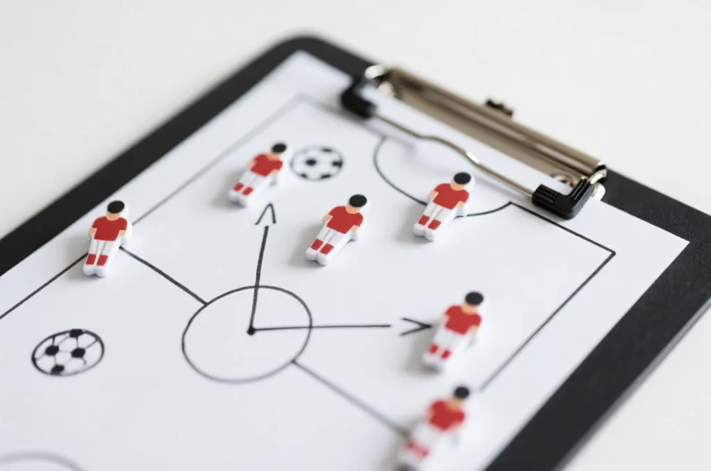 A tactical soccer clipboard with strategy lines drawn and player magnets