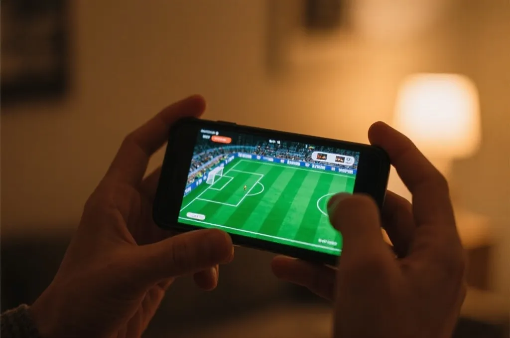 A close-up shot of a smartphone displaying a live soccer match visualization with a green field