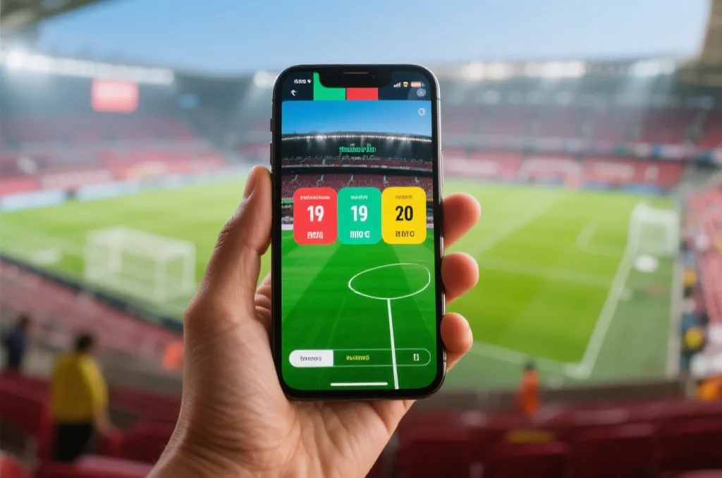 A user holding a smartphone showcasing the INT WC2026 App interface with live soccer statistics and odds